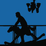 The silhouette of a man on a rocking horse