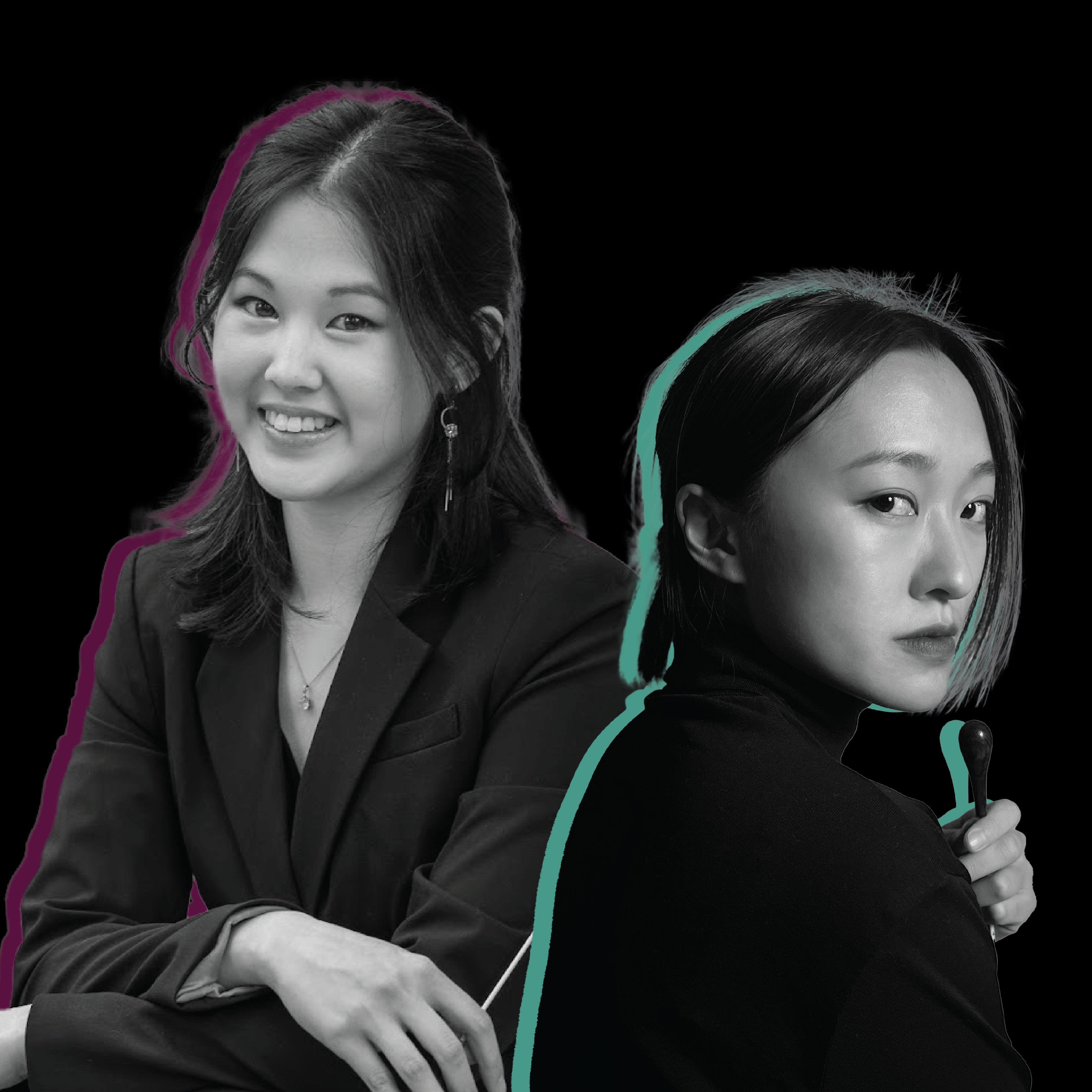 stylized headshots of Monica Chen and Kelly Lin. Black and white images on a black background
