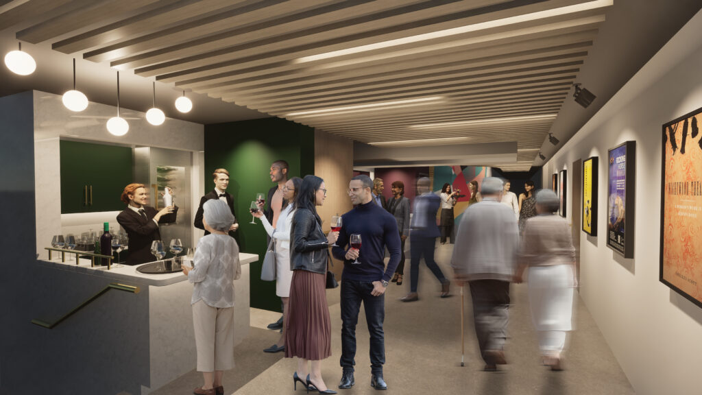This is a digital rendering of a corridor space. People are standing, talking and mingling. Some people are walking and are blurred. There is a bar service area to the left of the image, with overhead lighting.