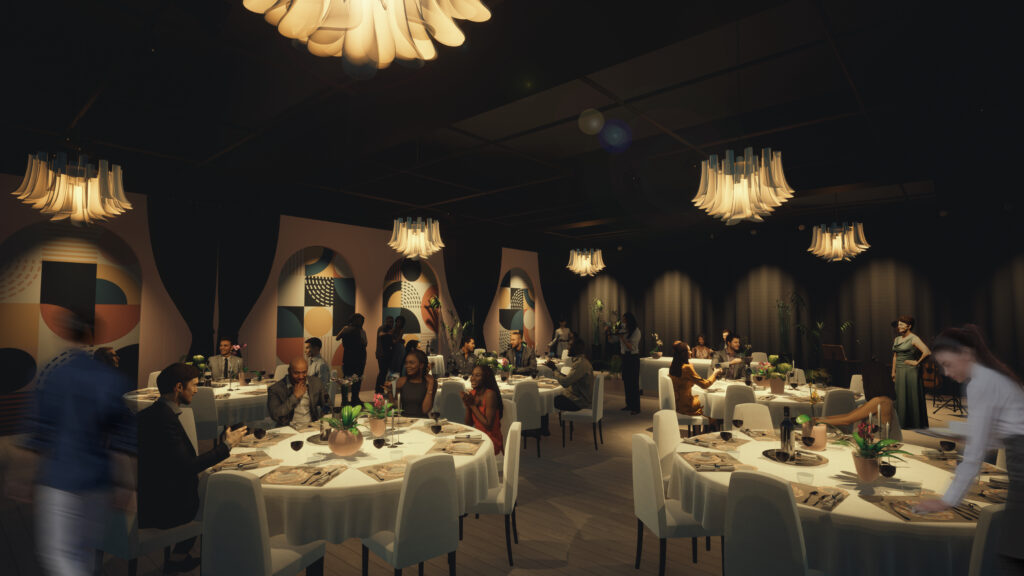 This is a digital rendering of an event space. Circular tables with white tablecloths and chairs are arranged. White chandeliers hang from the ceiling, and people mingle, standing and seated. The lighting is dimmed.