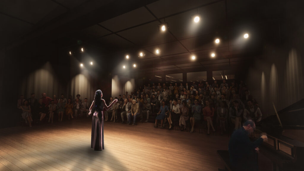 This is a digital rendering of a performance hall. A person wearing a long golden dress stands in the middle of a spotlight, facing an audience in shadow.