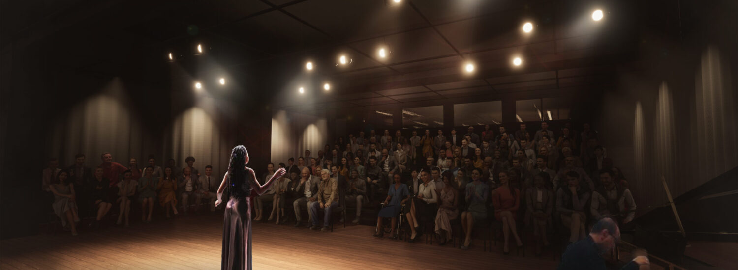 This is a digital rendering of a performance hall at 877 Yonge Street. A person wearing a long golden dress stands in the middle of a spotlight, facing an audience in shadow.