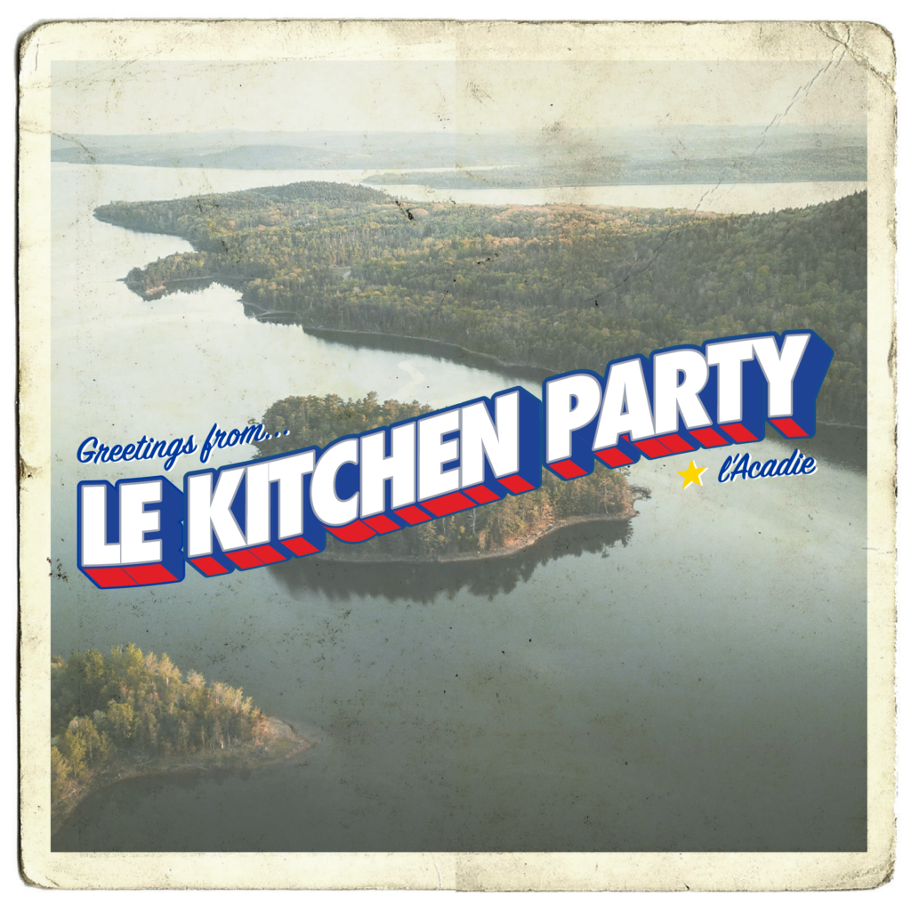 Image of a vintage postcard with a maritime landscape of water and treed islands. The words "Greetings from Le Kitchen Party l'Acadie" are written on the face pf the postcard